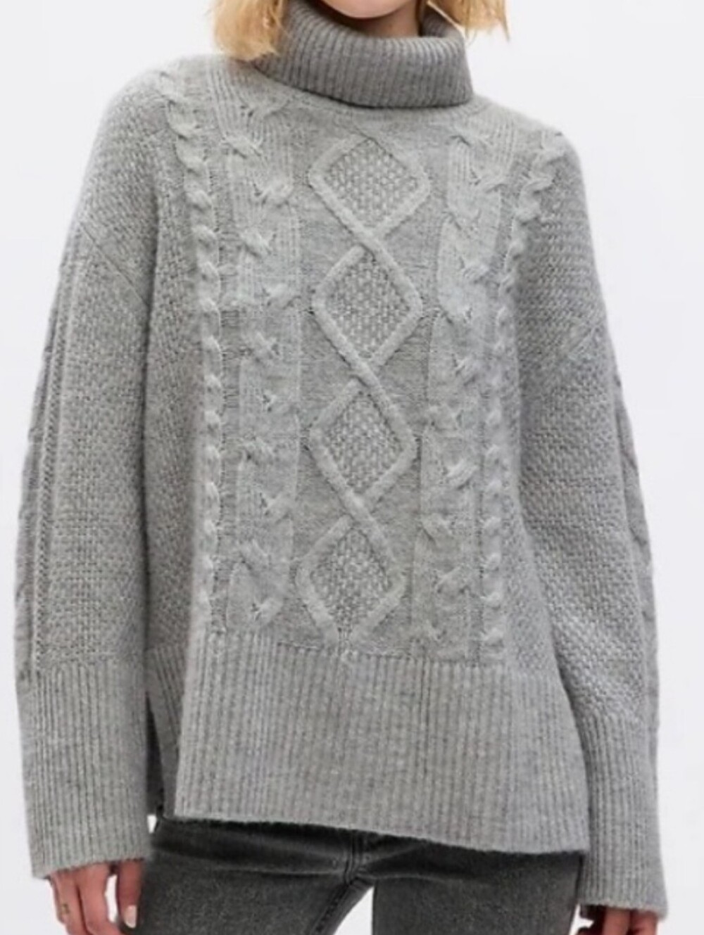 Gap Light Gray Wool Alpaca Blend Cable Knit Chunky Turtleneck Sweater NWOT
